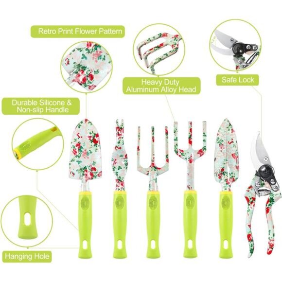 Gardening Tool Set - 13 PCS Heavy Duty Aluminum Gardening Tools Kit Floral Print - Picture 2 of 16